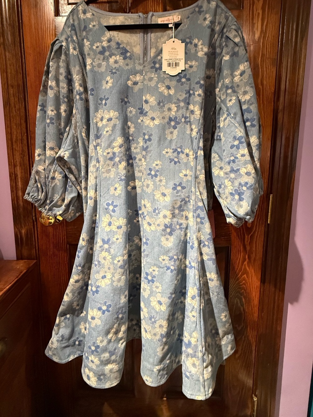 Ivy City Co Blue Floral Puff-Sleeve A-Line Dress